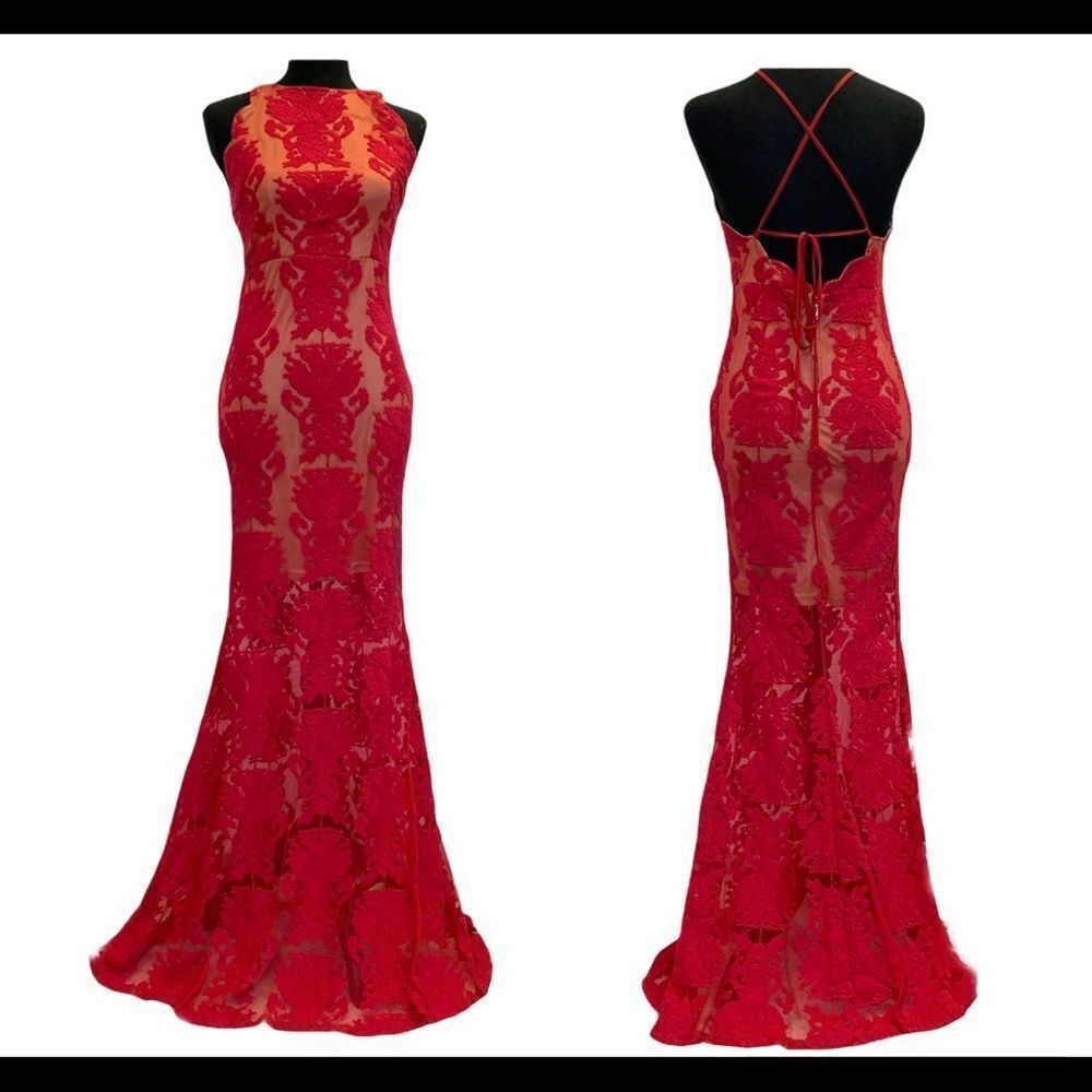 Red lace sleeveless halter top mermaid maxi dress gown size medium